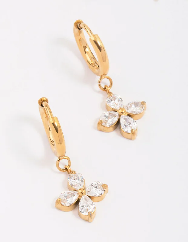 Fine triangle earrings-Gold Plated Surgical Steel Clover Huggie Hoop Earrings