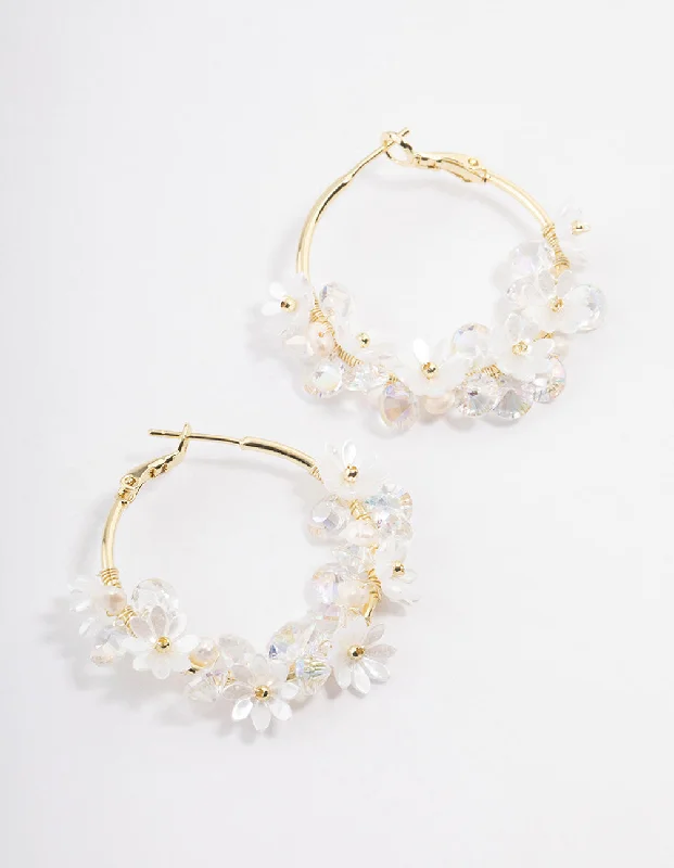 Light clay earrings-Gold Plated Freshwater Pearl Diamante Flower Hoop Earrings