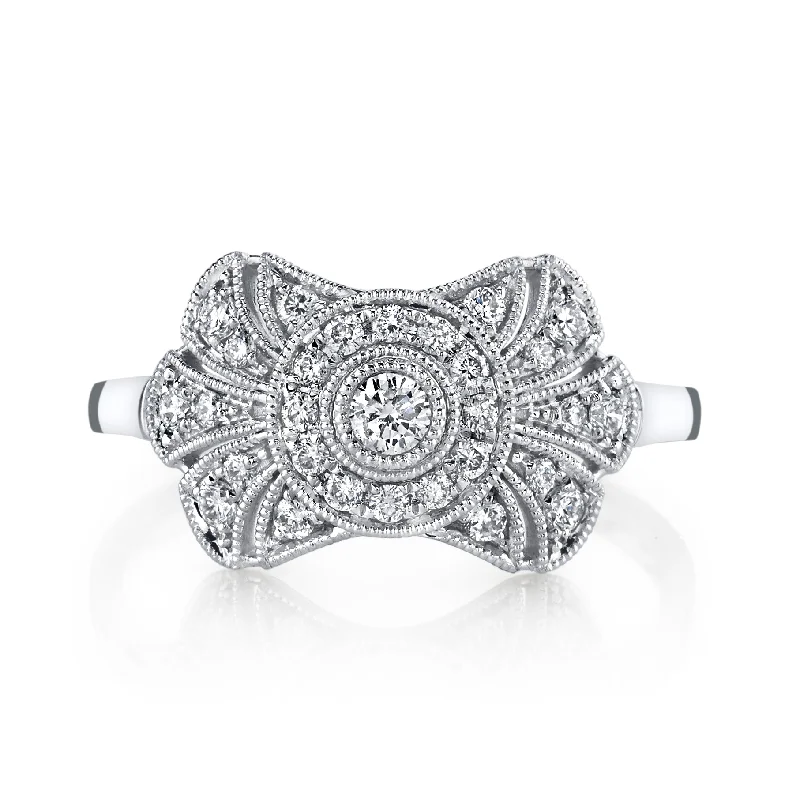 Sculptural engagement rings-14K White Gold 0.34ct. Diamond Filigree & Milgrain Detailing Fashion Ring