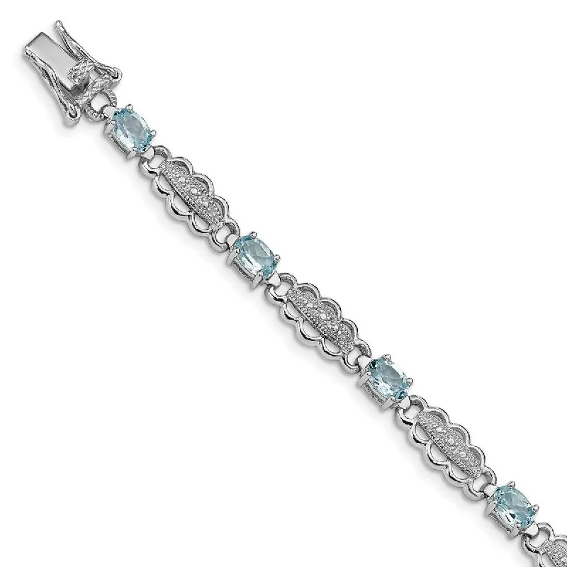 Shiny modern bangles-Curata 925 Sterling Silver Textured Polished Box Catch Closure Aquamarine and Diamond Bracelet