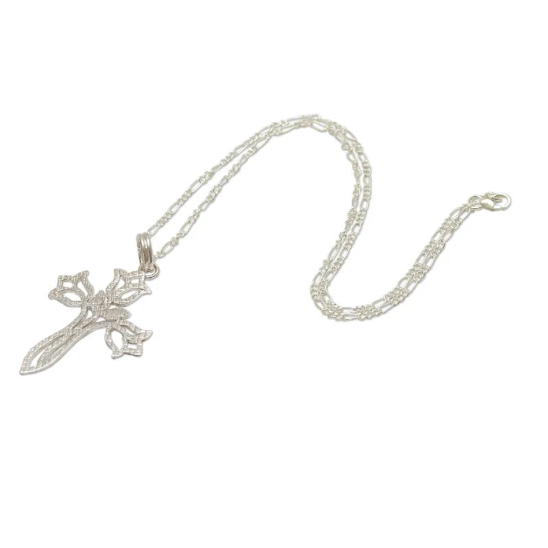 Agate gem necklaces-Sterling Silver 'Tulip Cross' Necklace (Peru) - 7'6" x 9'6"