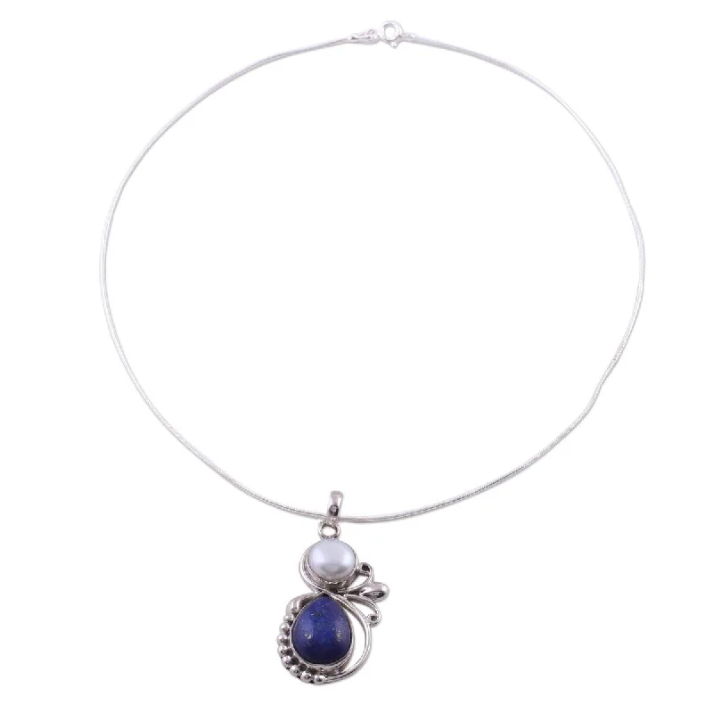 Oval shape necklaces-NOVICA Handmade Moon Pear Blue Lapis Lazuli Gemstone Sterling Silver Necklace (India)