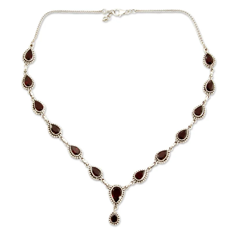 Braided cord necklaces-Handmade Sterling Silver 'Halo of Beauty' Garnet Necklace (India) - 7'6" x 9'6"