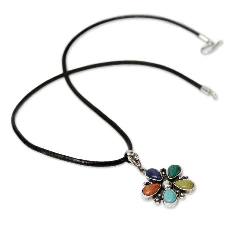 Pure crystal necklaces-Andean Colors Multi Gemstone Cabochon Teardrops Set in 925 Sterling Silver on Long Leather Cord Womens Pendant Necklace (Peru)