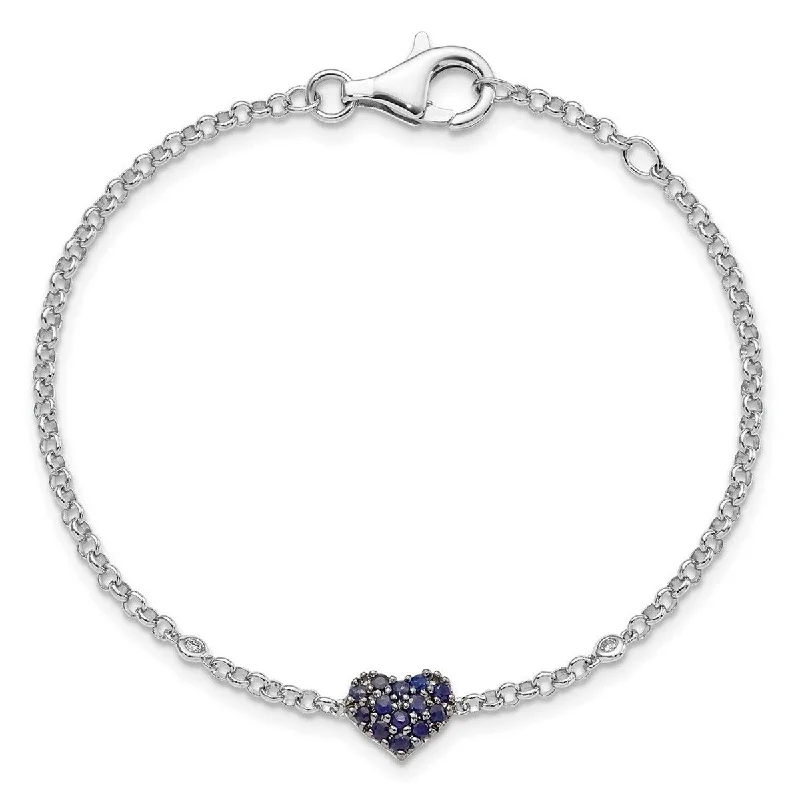 Braided thread bangles-Curata 925 Sterling Silver Polished Fancy Lobster Closure Diamond and Sapphire Love Heart Bracelet