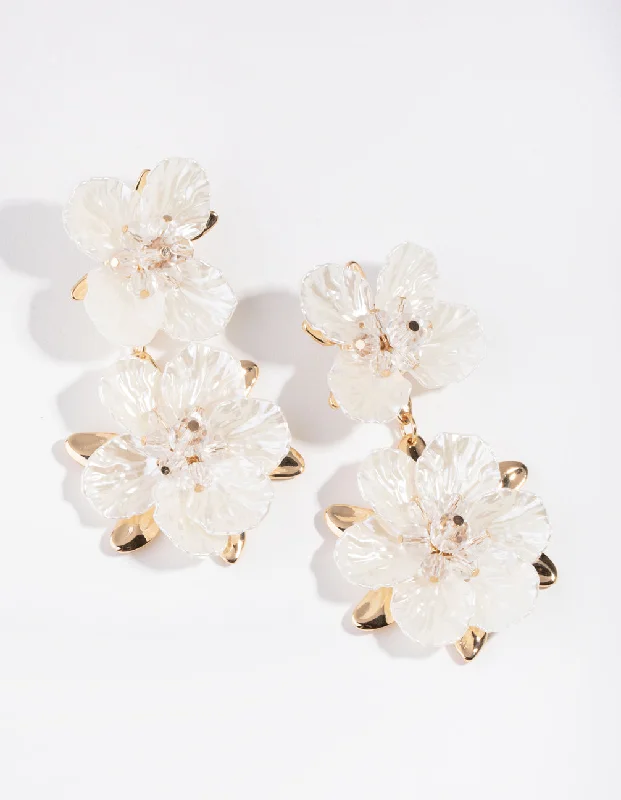 Textured disc earrings-White Pearlised Flower Drop Earrings