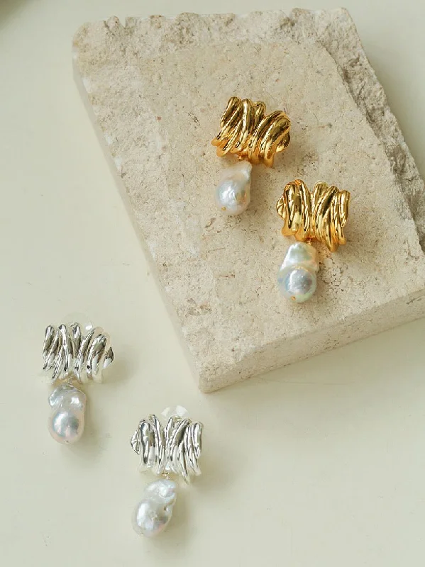 Thin pearl earrings-Sculptural Baroque Twisted Pattern Earrings