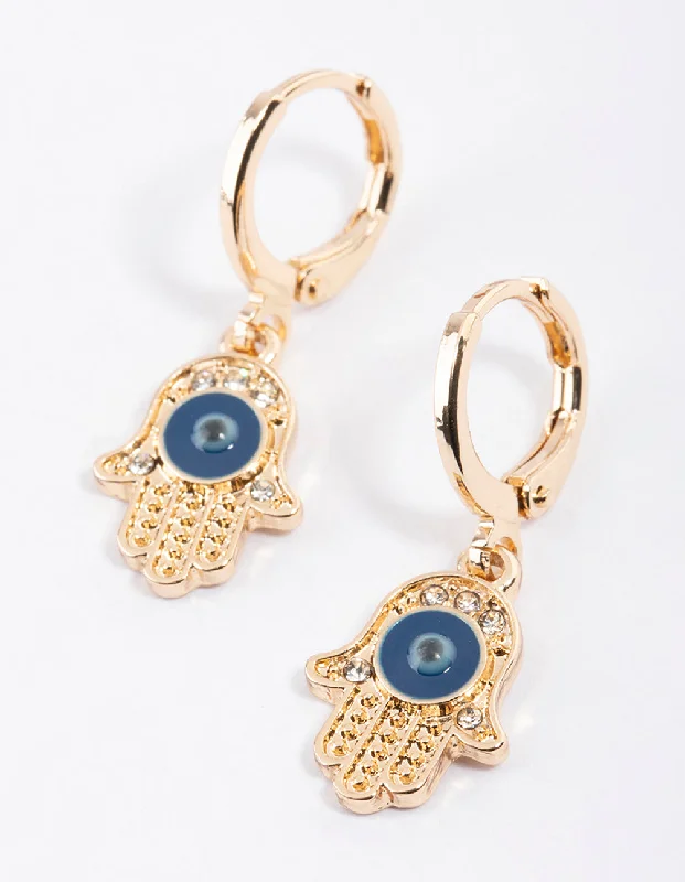 Mystic eye earrings-Gold Evil Eye Hand Huggie Earrings