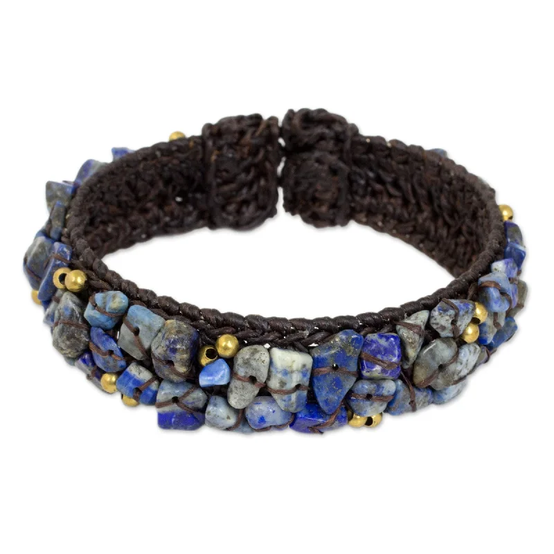 Textured metal bangles-Handmade Brass 'Ocean Day' Lapis Lazuli Bracelet (Thailand) - Blue