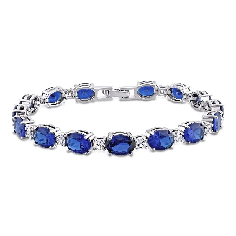 Open frame bangles-Miadora Sterling Silver Created Blue and White Sapphire Oval Link Tennis Bracelet