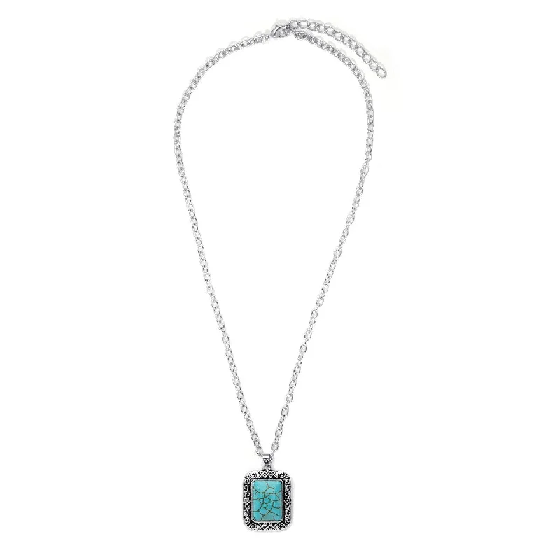 Worn style necklaces-Silver Plated Simulated Turquoise Rectangle Pendant Necklace