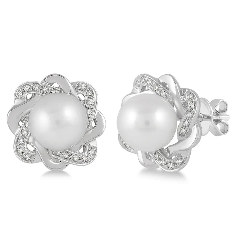 Tiny dot earrings-Flower Pearl & Diamond Earrings