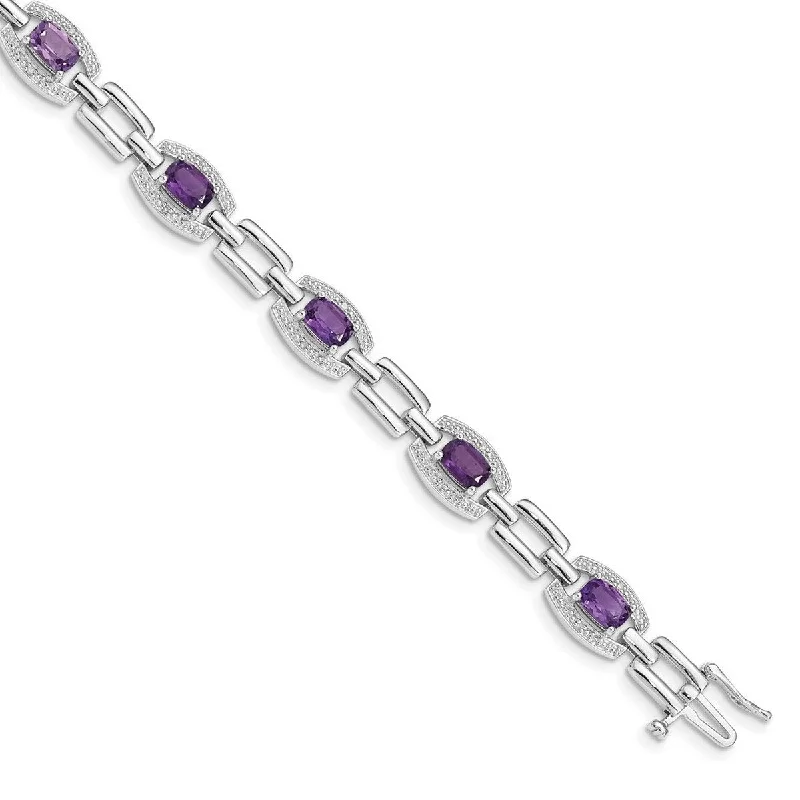 Light filigree bangles-Curata 925 Sterling Silver Textured Polished Box Catch Closure Diamond and Amethyst Bracelet