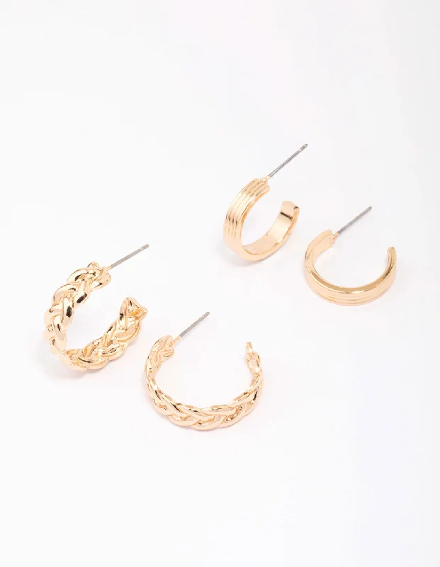 Victorian style earrings-Gold Braided & Ribbed Hoop Earring Pack