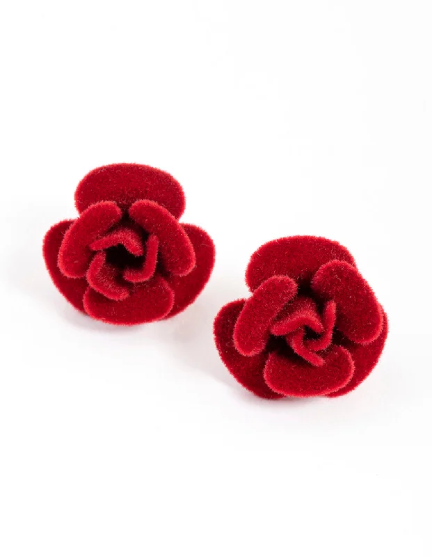 Smooth stud earrings-Red Fabric Velvet Rose Stud Earrings