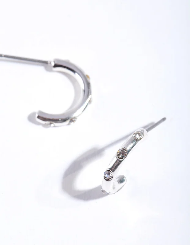 Curved design earrings-Silver Simple Diamante Half Hoop Earrings