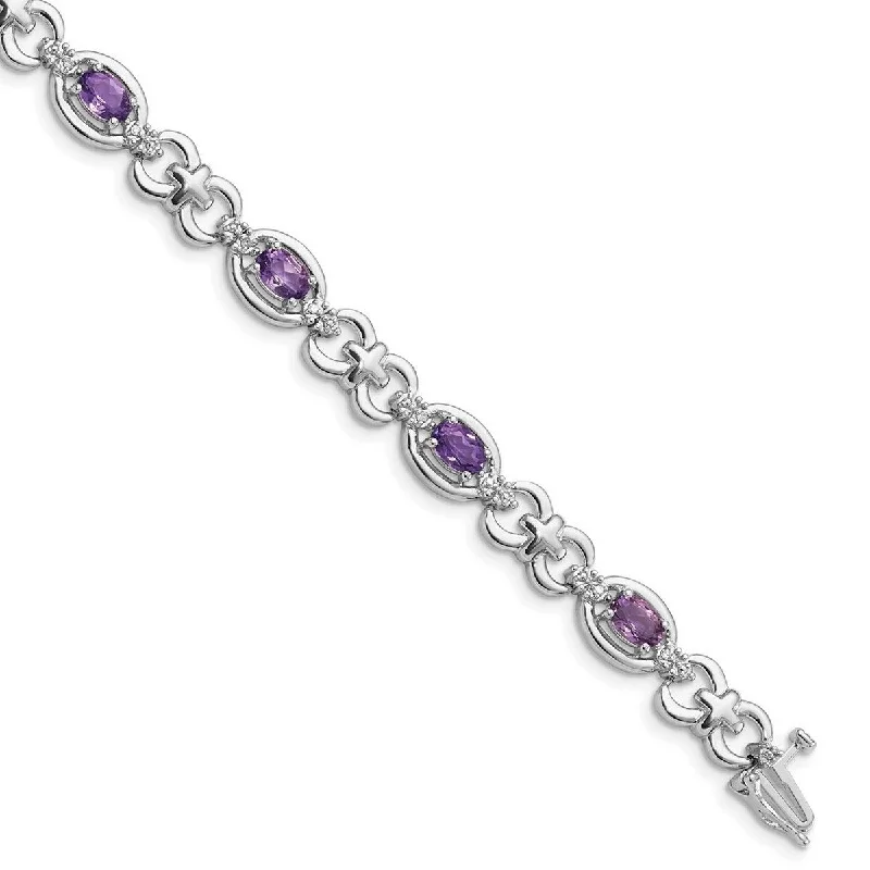 Full moon bangles-Curata 925 Sterling Silver Polished Box Catch Closure Diamond and Amethyst Bracelet