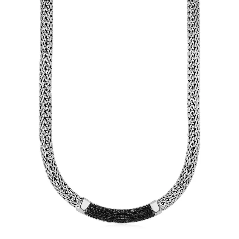 Layered link necklaces-Wide Woven Rope Necklace with Black Sapphire Accents in Sterling Silver