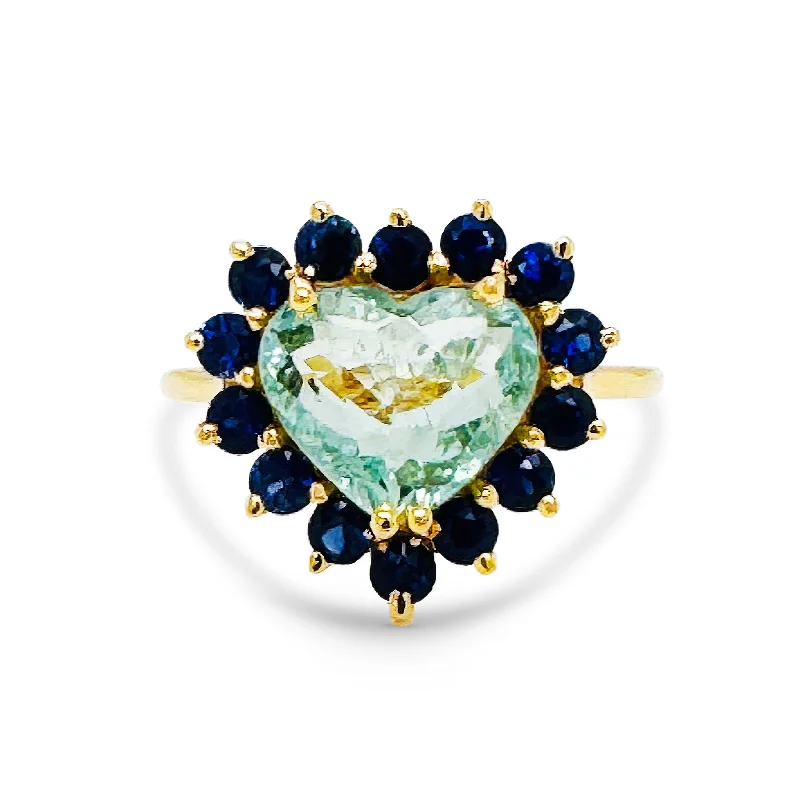 Paraiba Tourmaline Heart shape & Blue Sapphire Round Ring In 18K Yellow Gold