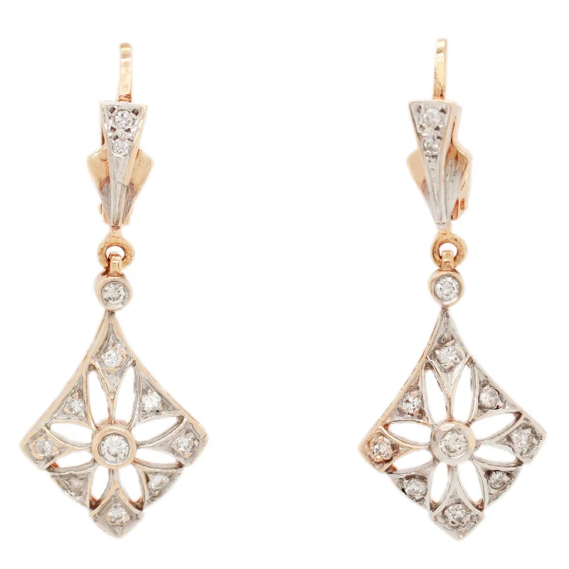 Fine triangle earrings-Antique Art Deco 0.60ctw Diamond Rhombus Earrings - Drop Dangle - 14k Rose Gold