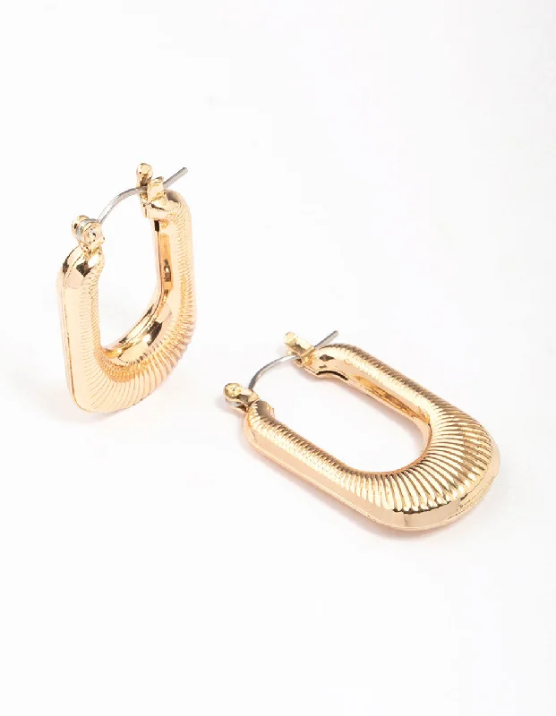 Tide drop earrings-Gold Ribbed Rectangular Hoop Earrings