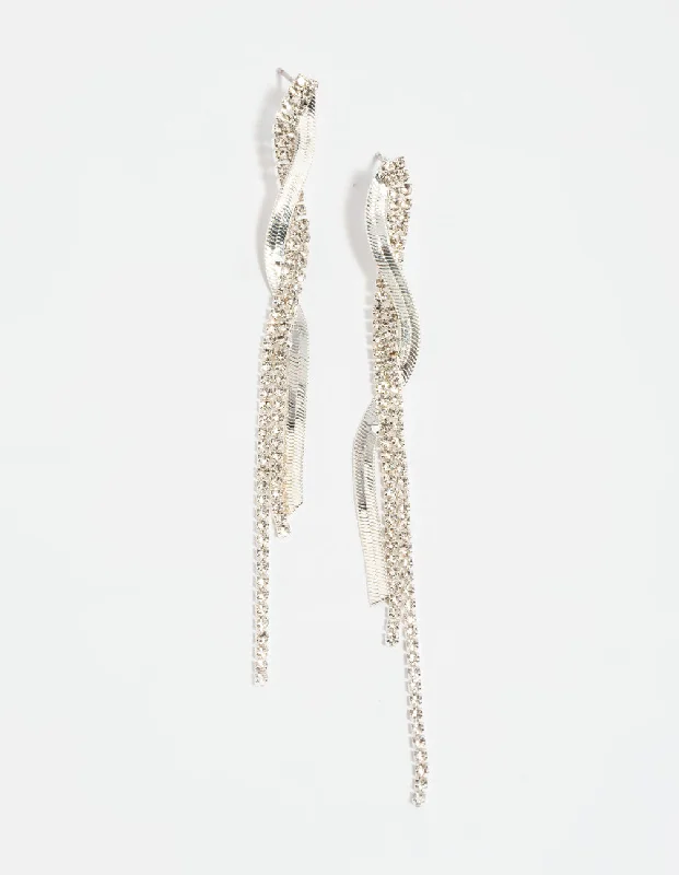 Retro clip earrings-Silver Snake Diamante Drop Earrings