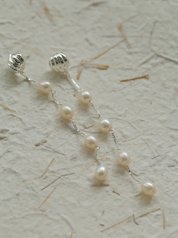 Crystal-twisted earrings-Undercurrent Silver Shell Multi-Pearl Long Dangle Earrings