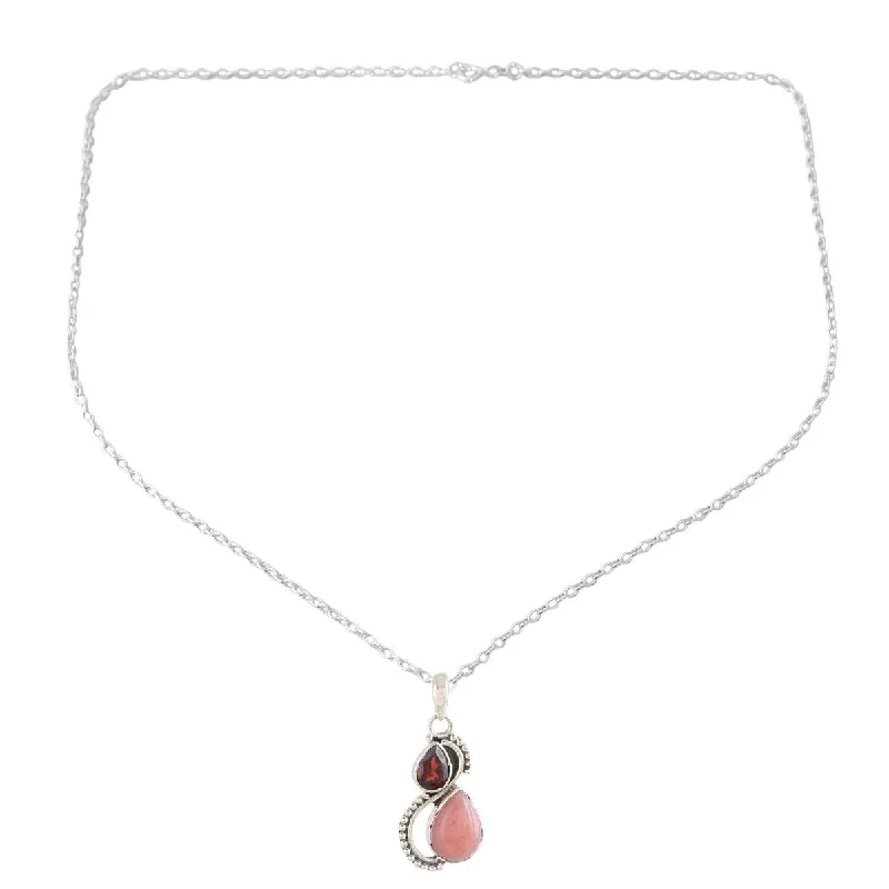 Stretch cord necklaces-NOVICA Two Teardrops, Garnet and opal pendant necklace