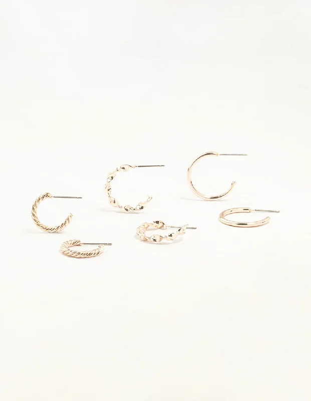 Coiled cord earrings-Rose Gold Twisted & Clean Hoop Earrings 3-Pack