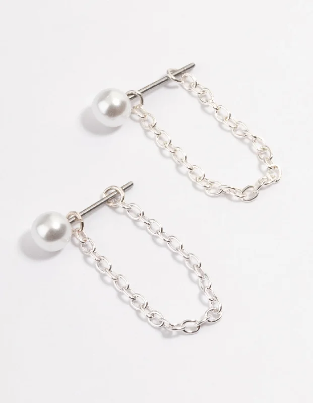 Wide hoop earrings-Silver Pearl Chain Front & Back Earrings