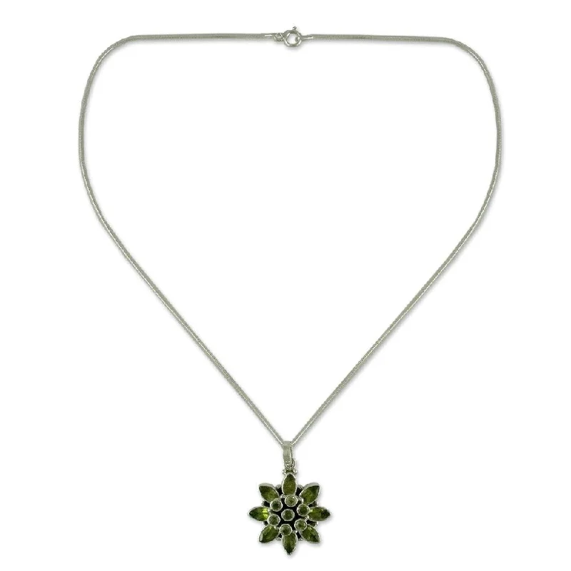 Raised disc necklaces-NOVICA Handmade Sterling Silver Sunflower Green Peridot Necklace (India)