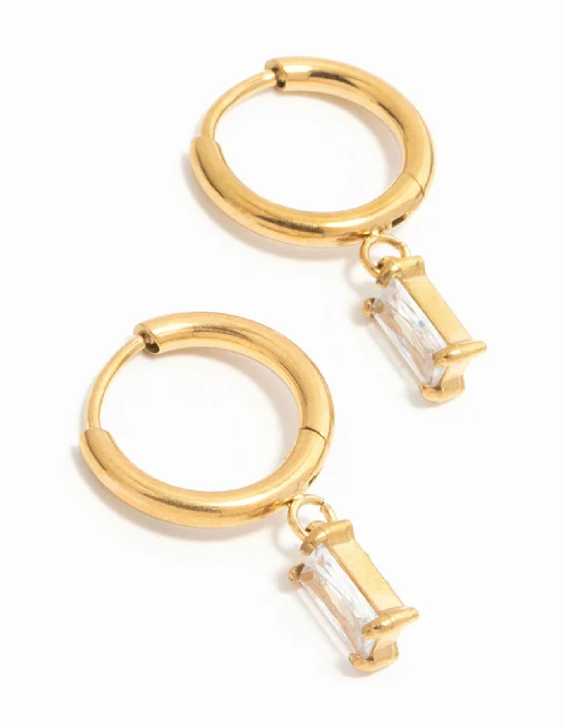 Tiny wing earrings-Waterproof Gold Plated Stainless Steel Baguette Diamante Huggie Earrings