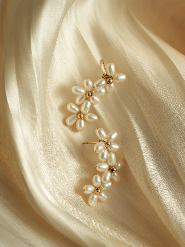 Polished art earrings-Falling Petals Series Narcissus Pearl Stud Earrings