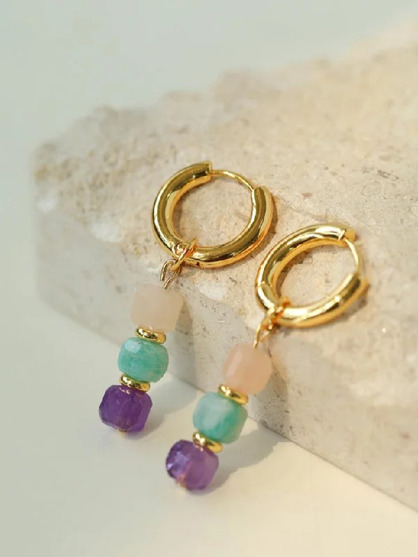 Polished art earrings-Rainbow Candy Cube Gemstone Drop Hoop Earrings