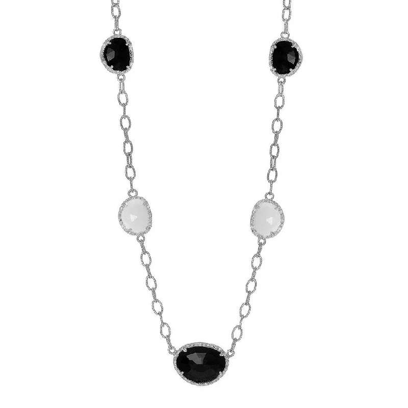 Linen cord necklaces-Sterling Silver Diamond Embellished Black and White Agate Necklace