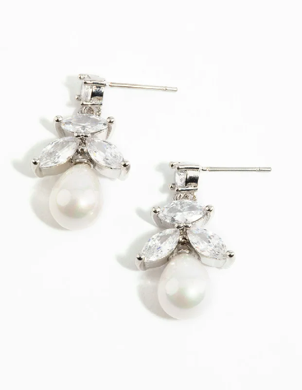 Cedar wood earrings-Silver Cubic Zirconia Leaf & Pearl Drop Earrings