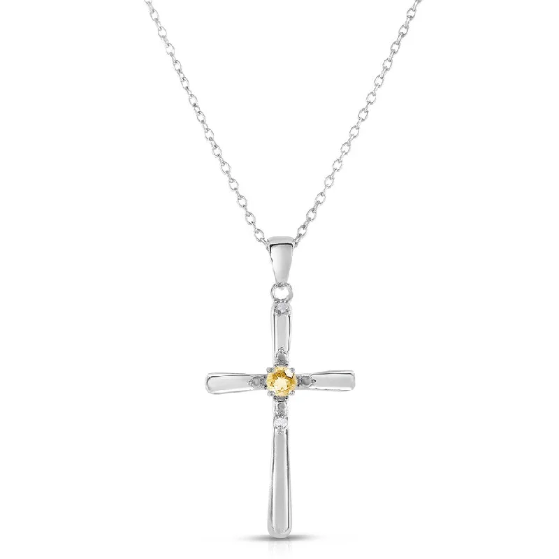 High gloss necklaces-Dolce Giavonna Sterling Silver Citrine and Diamond Accent Cross Necklace (I-J, I2-I3)