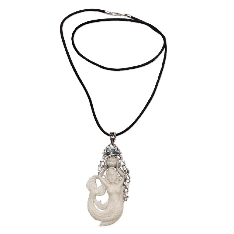 Slanted design necklaces-NOVICA Mermaid Fantasy, Blue topaz and bone pendant necklace