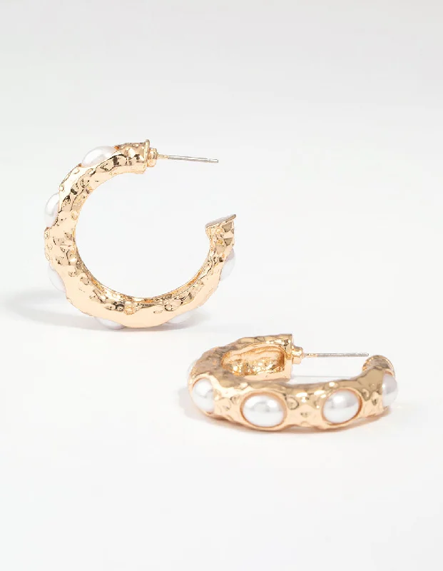 Fine triangle earrings-Gold Pearl Molten Hoop Earrings