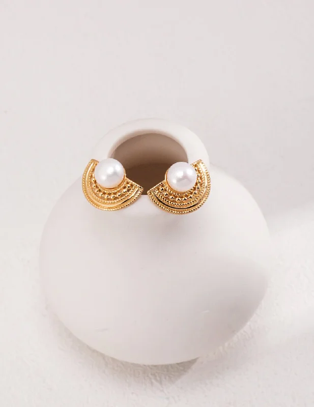 Smooth stud earrings-Fan-Shaped Pearl Stud Earrings