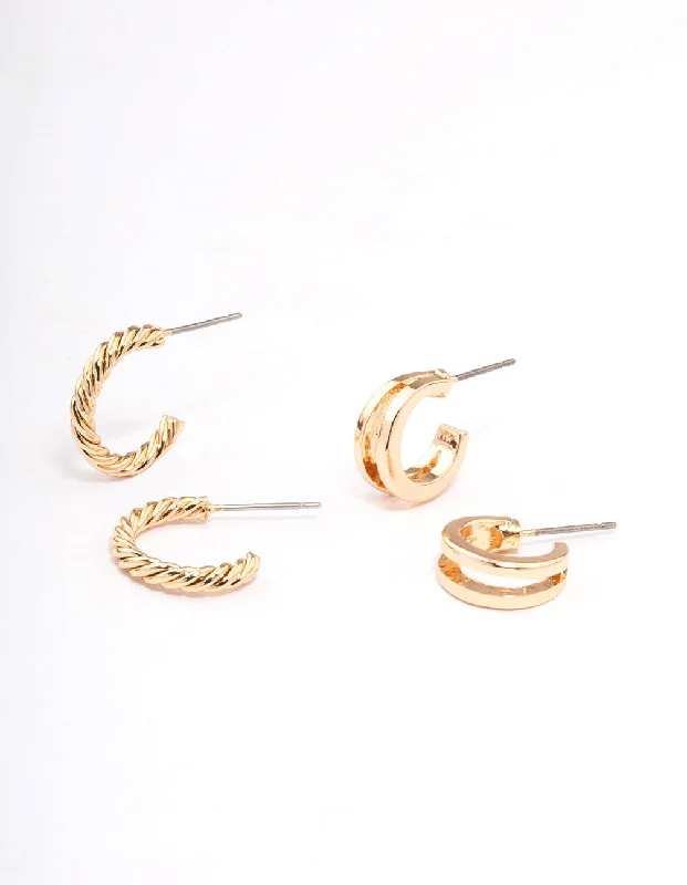 Patina brass earrings-Gold Double Hoop & Spiral Earring Pack