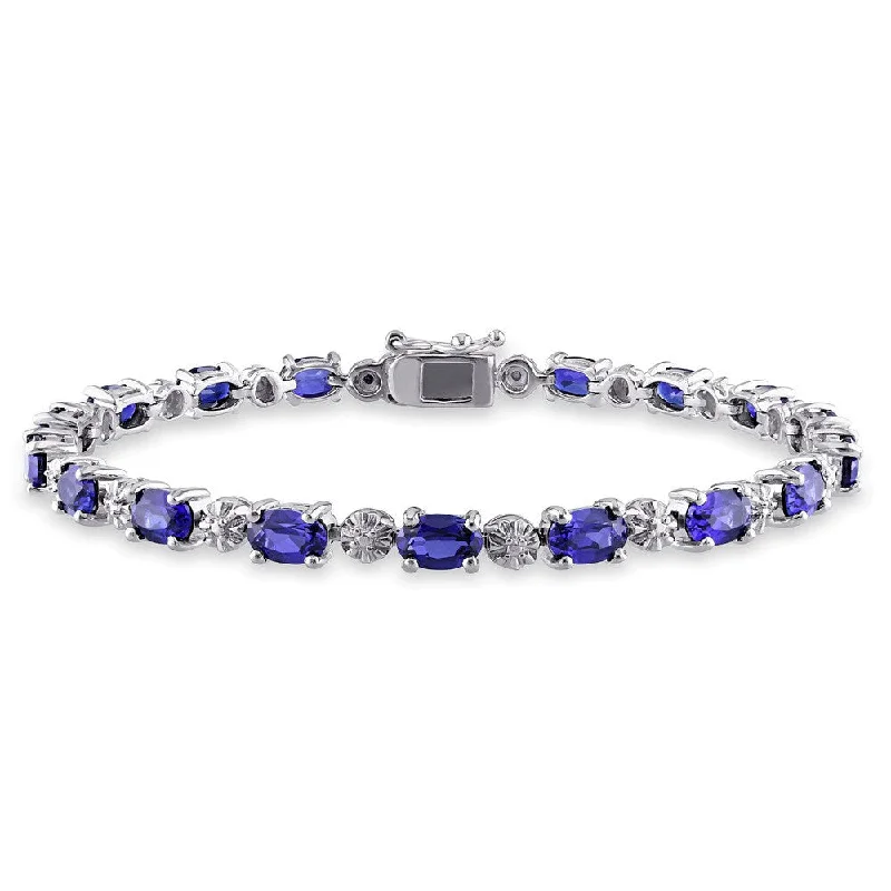 Textured metal bangles-Miadora Sterling Silver Created Blue Sapphire and Diamond Accent Birthstone Tennis Bracelet