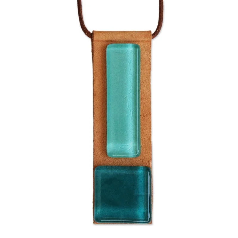 Thai style necklaces-NOVICA Pieces of the Sea, Art glass and leather pendant necklace