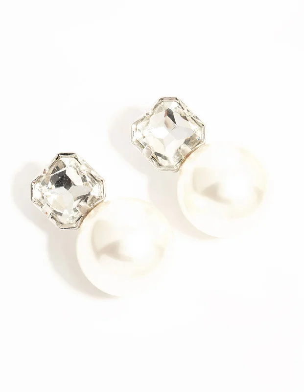 Retro clip earrings-Silver Diamante & Pearl Stud Earrings