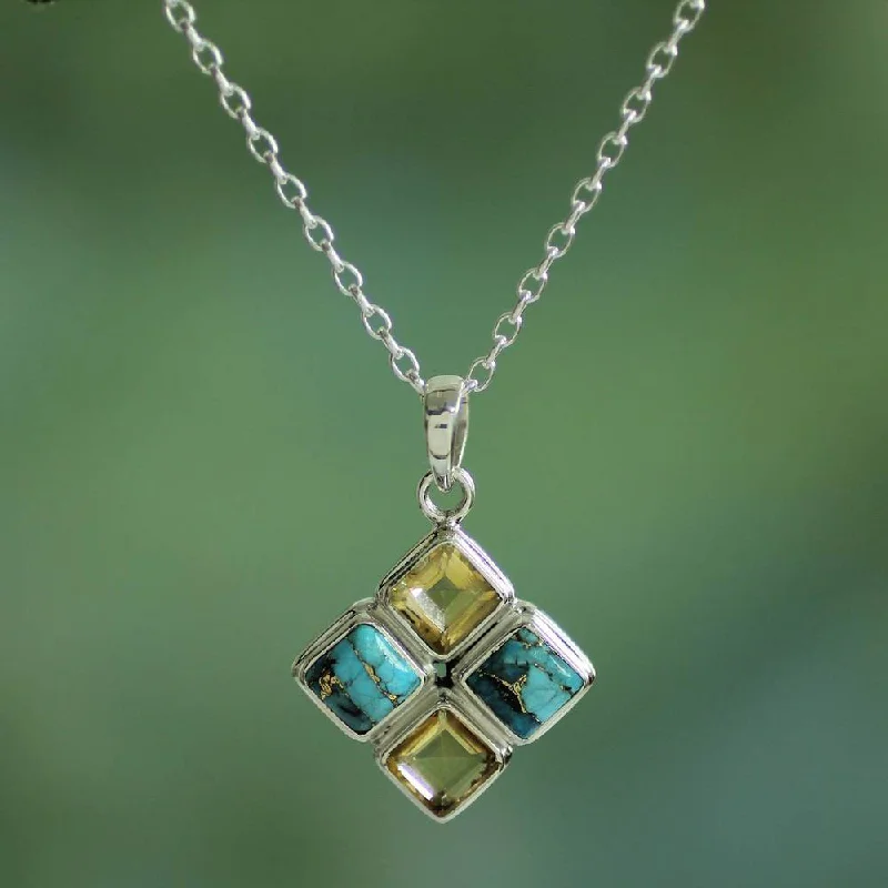 Bold cross necklaces-Handmade Sterling Silver 'Sun Meets Sky' Citrine Turquoise Necklace (India)