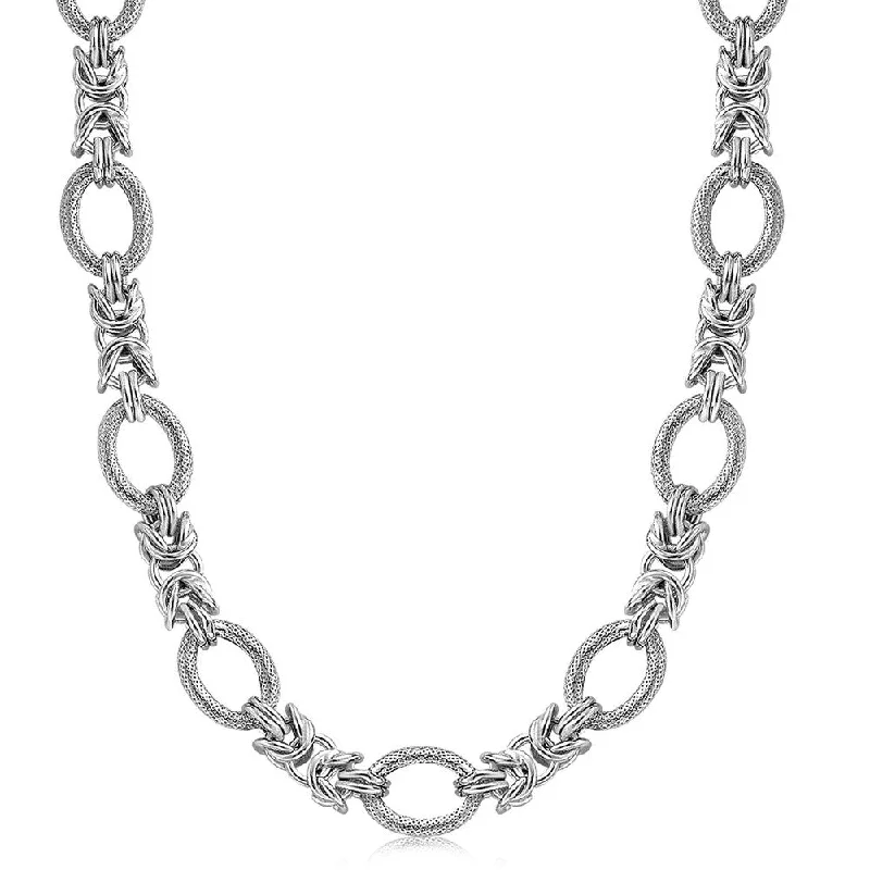 Spring clasp necklaces-Sterling Silver Rhodium Plated Knot Style and Textured Oval Chain Necklace