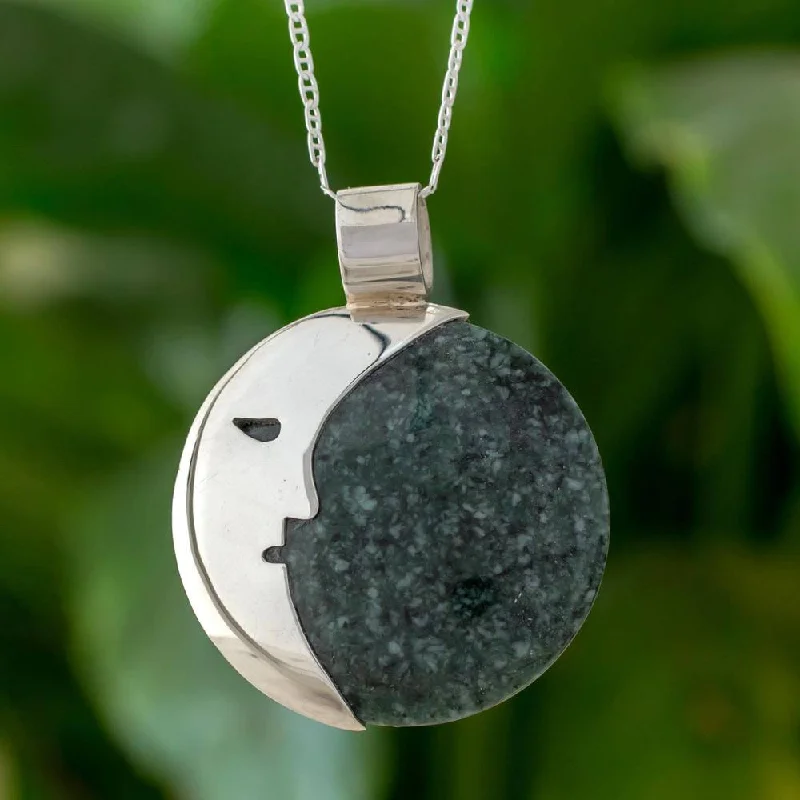 Zodiac charm necklaces-Handmade Sterling Silver 'Face of the Moon in Dark Green' Jade Necklace (Guatemala)