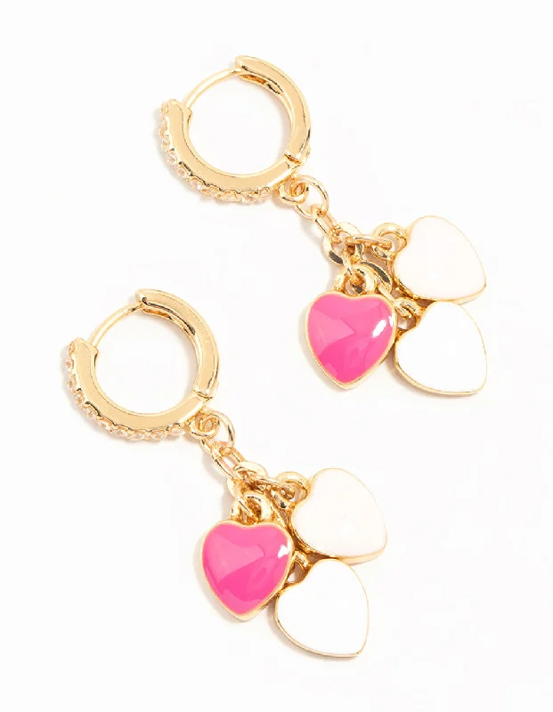 Aged bronze earrings-Gold Plated Pink & White Heart Huggie Earrings