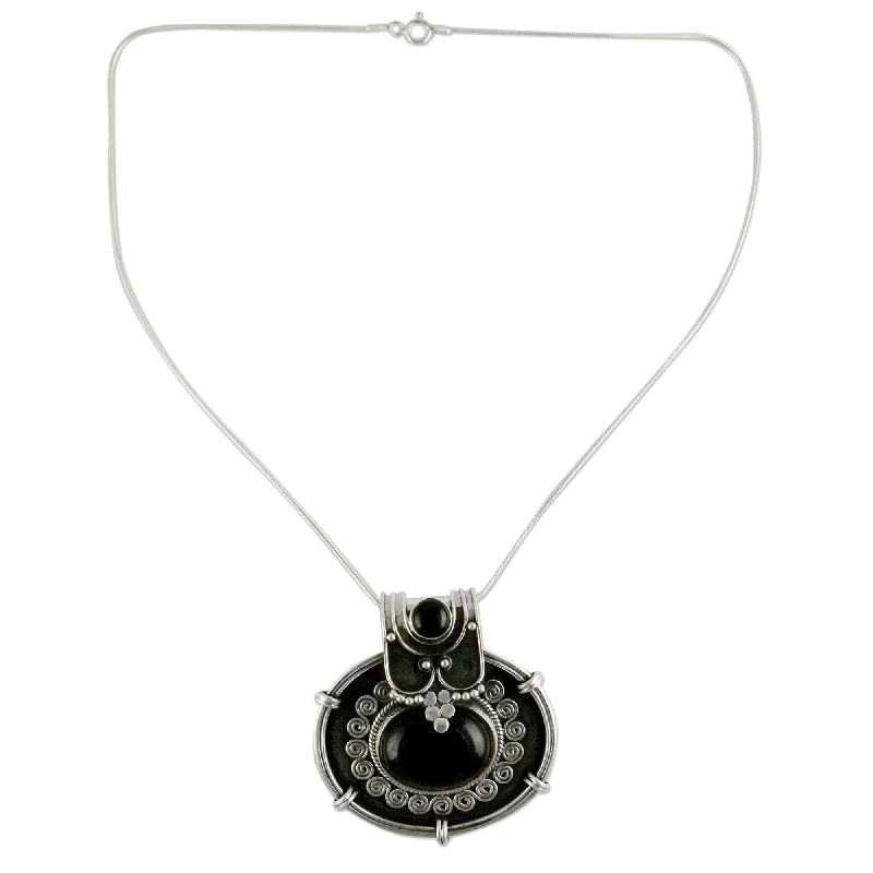 Drape-style necklaces-Sterling Silver 'Traditional Chic' Onyx Flower Necklace (India)