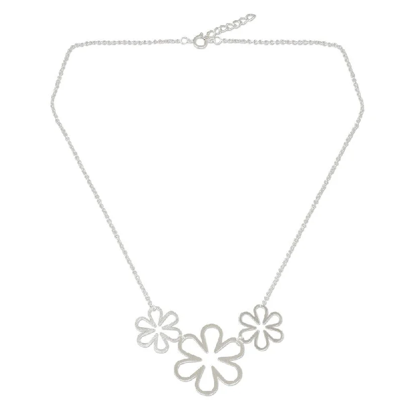 Elegant design necklaces-Handmade Flower Power Cutout Silhouettes in Brushed 925 Sterling Silver on Adjustable Chain Modern Pendant Necklace (Thailand)